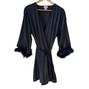 Black satin robe with flared sleeves and removable faux fur / feather boa trim S